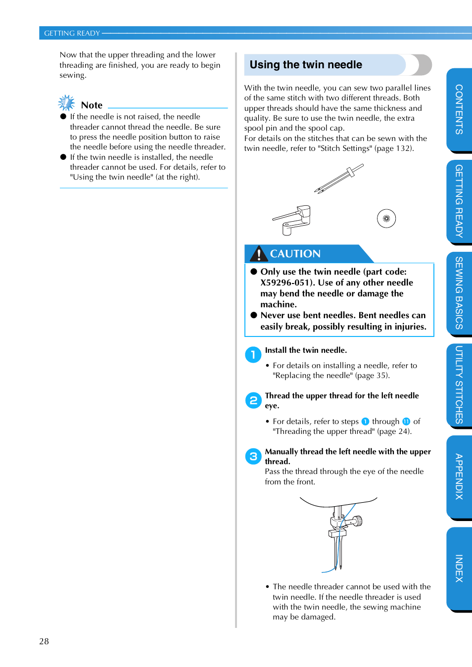 Using the twin needle, Caution | Brother NX 600 User Manual | Page 34 / 159