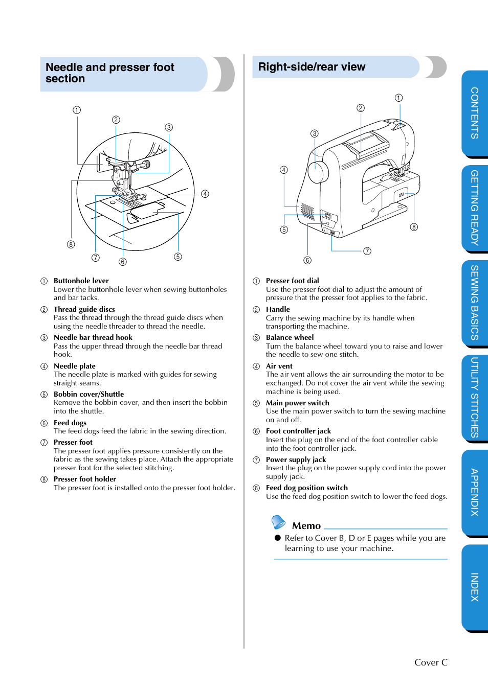 Needle and presser foot section, Right-side/rear view | Brother NX 600 User Manual | Page 4 / 159