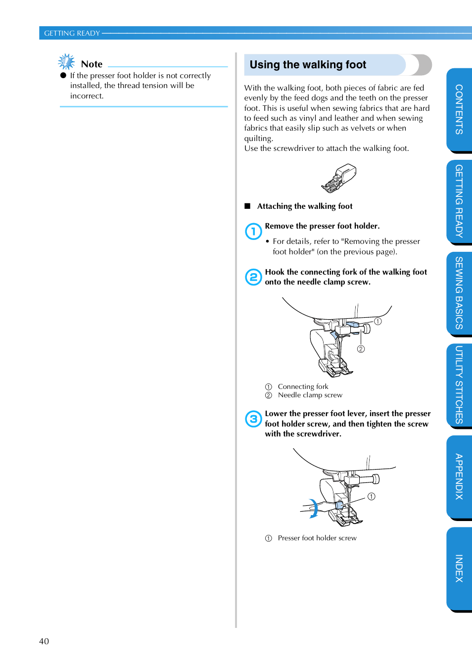 Using the walking foot | Brother NX 600 User Manual | Page 46 / 159