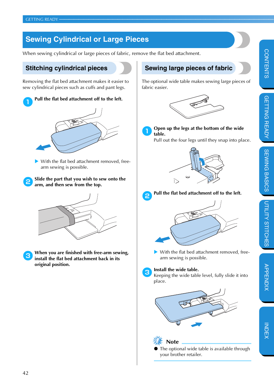Sewing cylindrical or large pieces, Stitching cylindrical pieces, Sewing large pieces of fabric | Brother NX 600 User Manual | Page 48 / 159