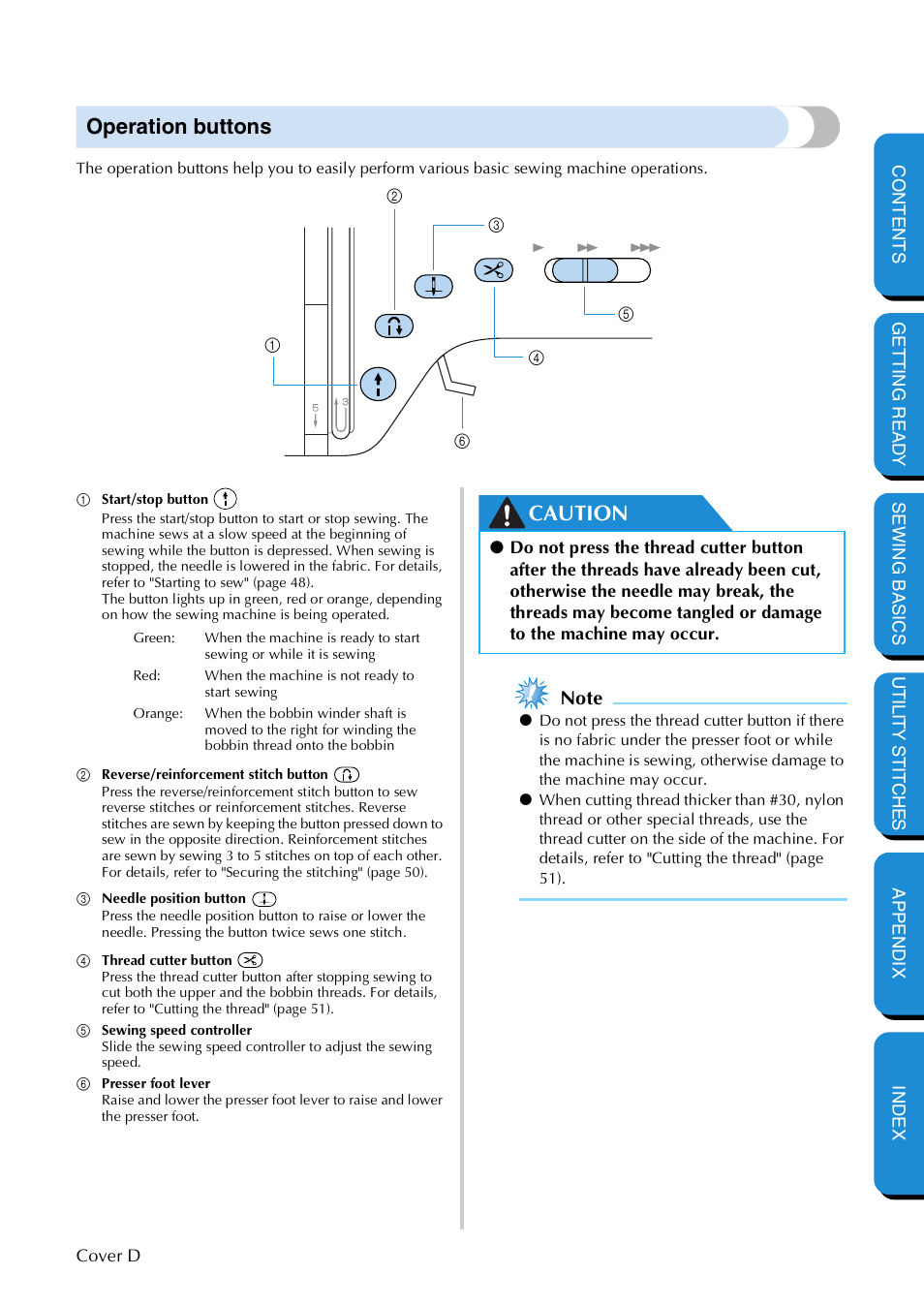 Operation buttons, Caution | Brother NX 600 User Manual | Page 5 / 159