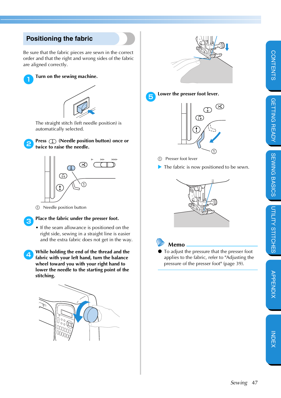 Positioning the fabric | Brother NX 600 User Manual | Page 53 / 159