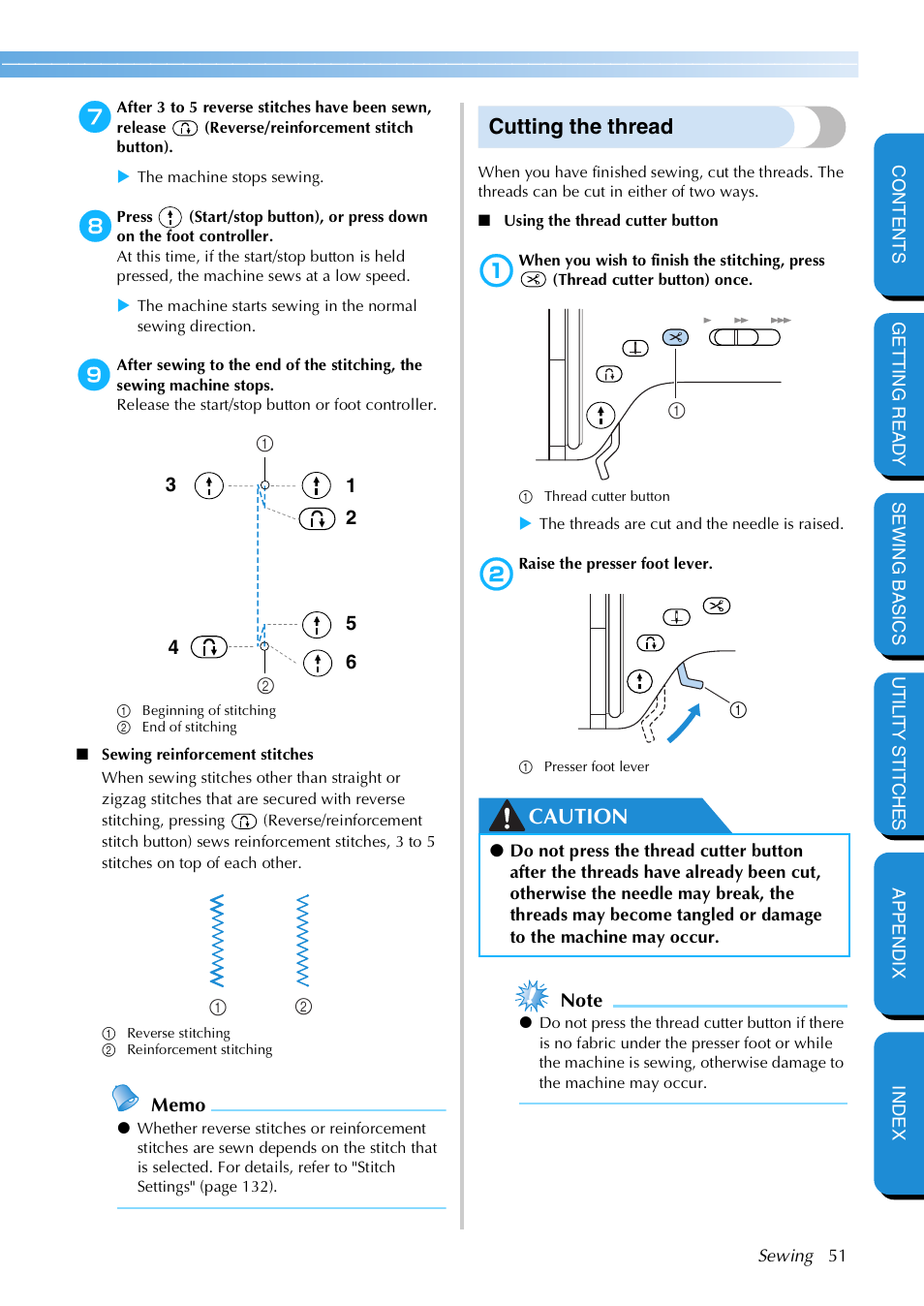 Cutting the thread, Caution | Brother NX 600 User Manual | Page 57 / 159