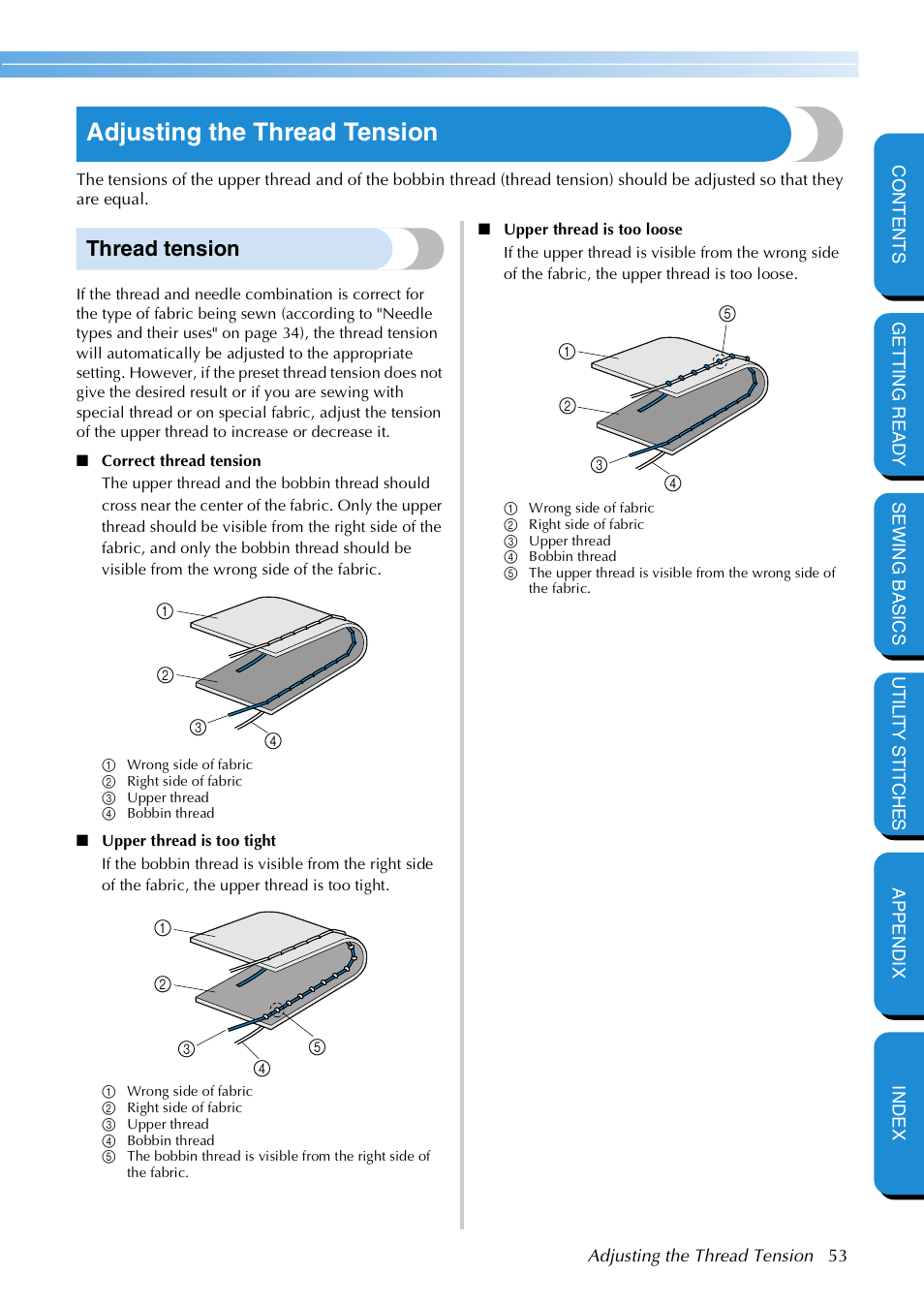Adjusting the thread tension, Thread tension | Brother NX 600 User Manual | Page 59 / 159