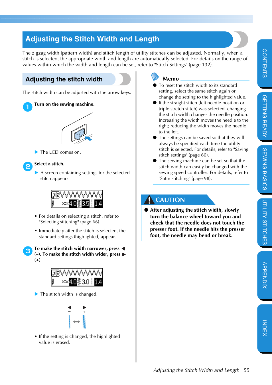 Adjusting the stitch width and length, Adjusting the stitch width, Caution | Brother NX 600 User Manual | Page 61 / 159