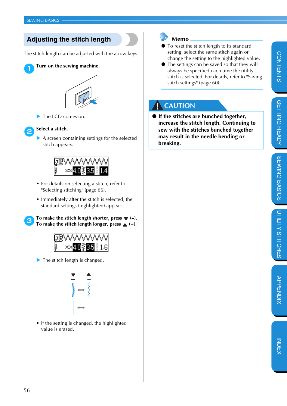 Adjusting the stitch length, Caution | Brother NX 600 User Manual | Page 62 / 159