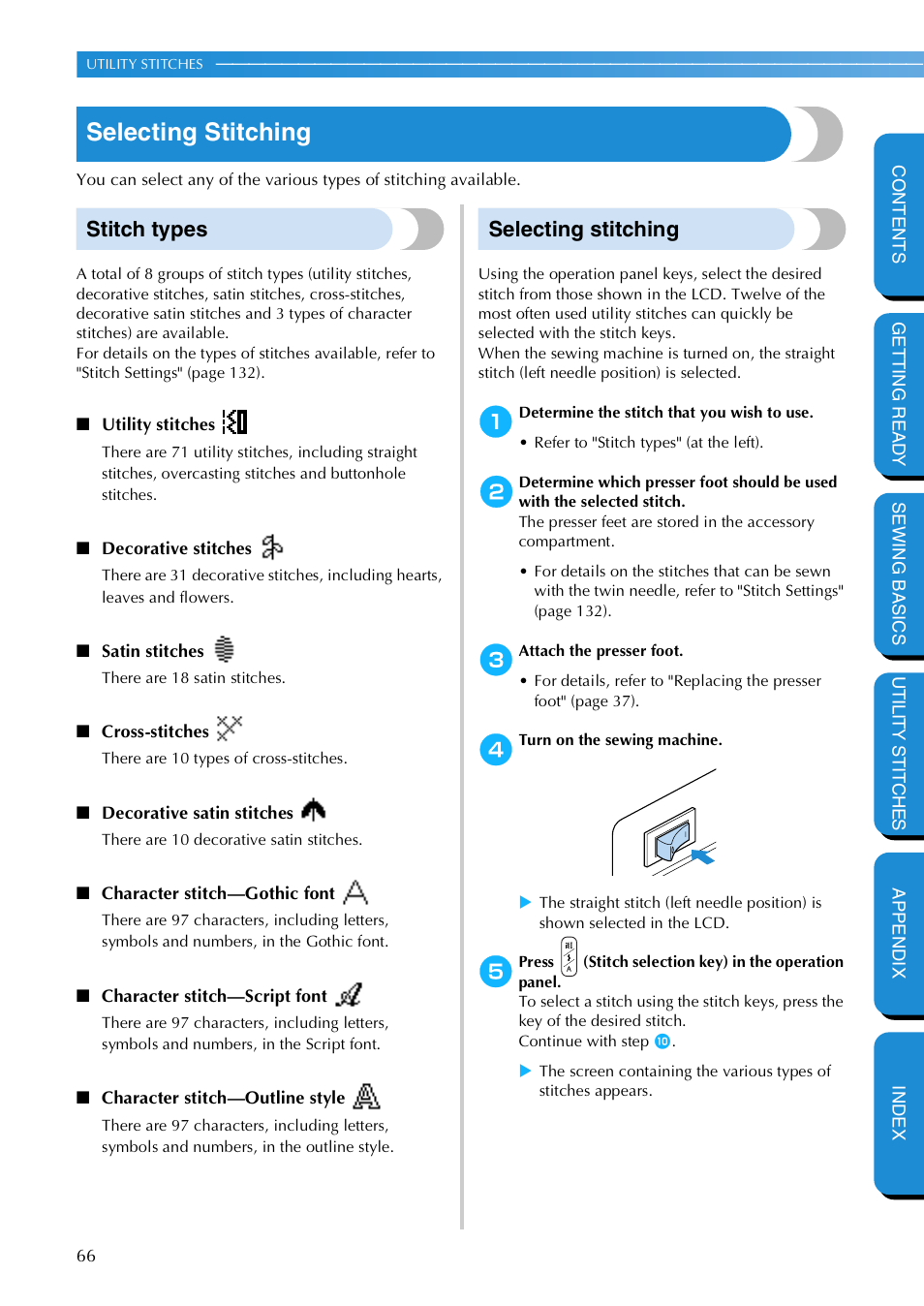 Selecting stitching, Stitch types, Stitch types selecting stitching | Brother NX 600 User Manual | Page 72 / 159