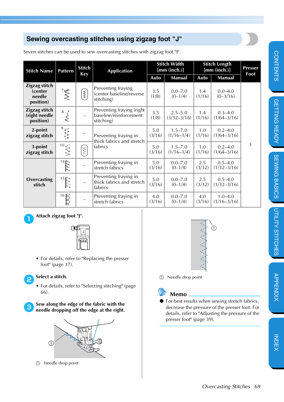 Sewing overcasting stitches using zigzag foot "j | Brother NX 600 User Manual | Page 75 / 159