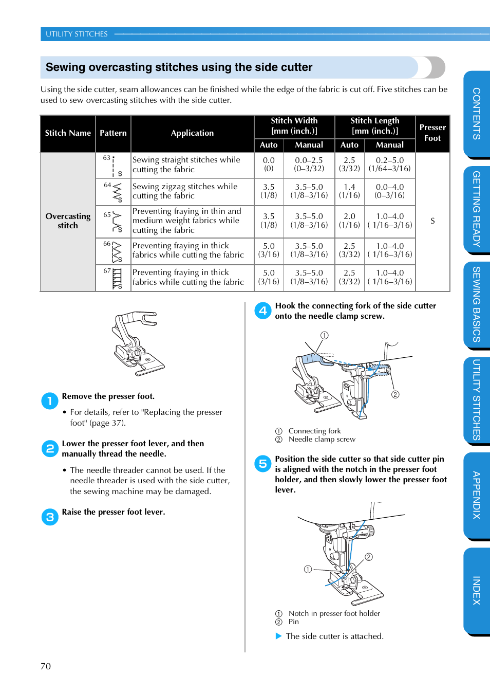 Sewing overcasting stitches using the side cutter | Brother NX 600 User Manual | Page 76 / 159