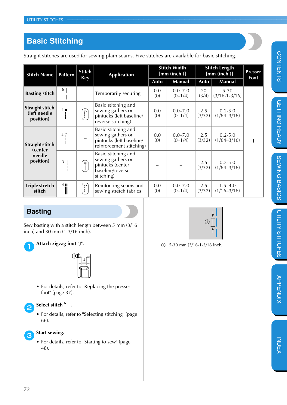 Basic stitching, Basting | Brother NX 600 User Manual | Page 78 / 159