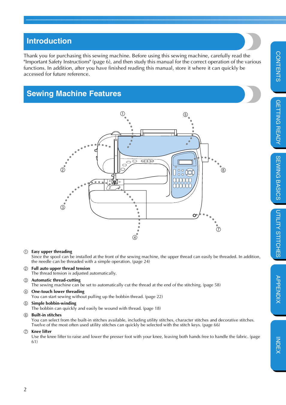 Introduction, Sewing machine features | Brother NX 600 User Manual | Page 8 / 159