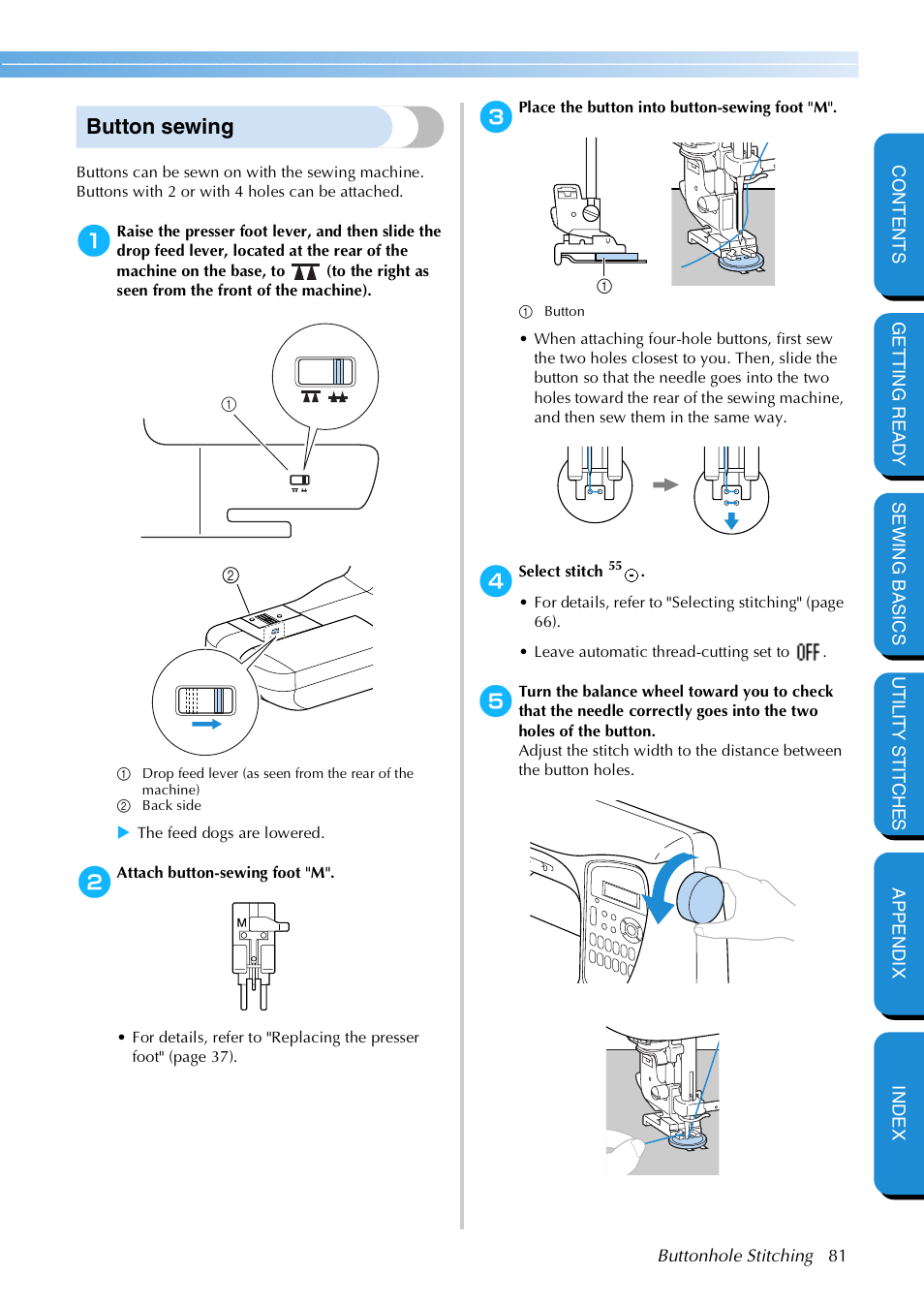 Button sewing | Brother NX 600 User Manual | Page 87 / 159