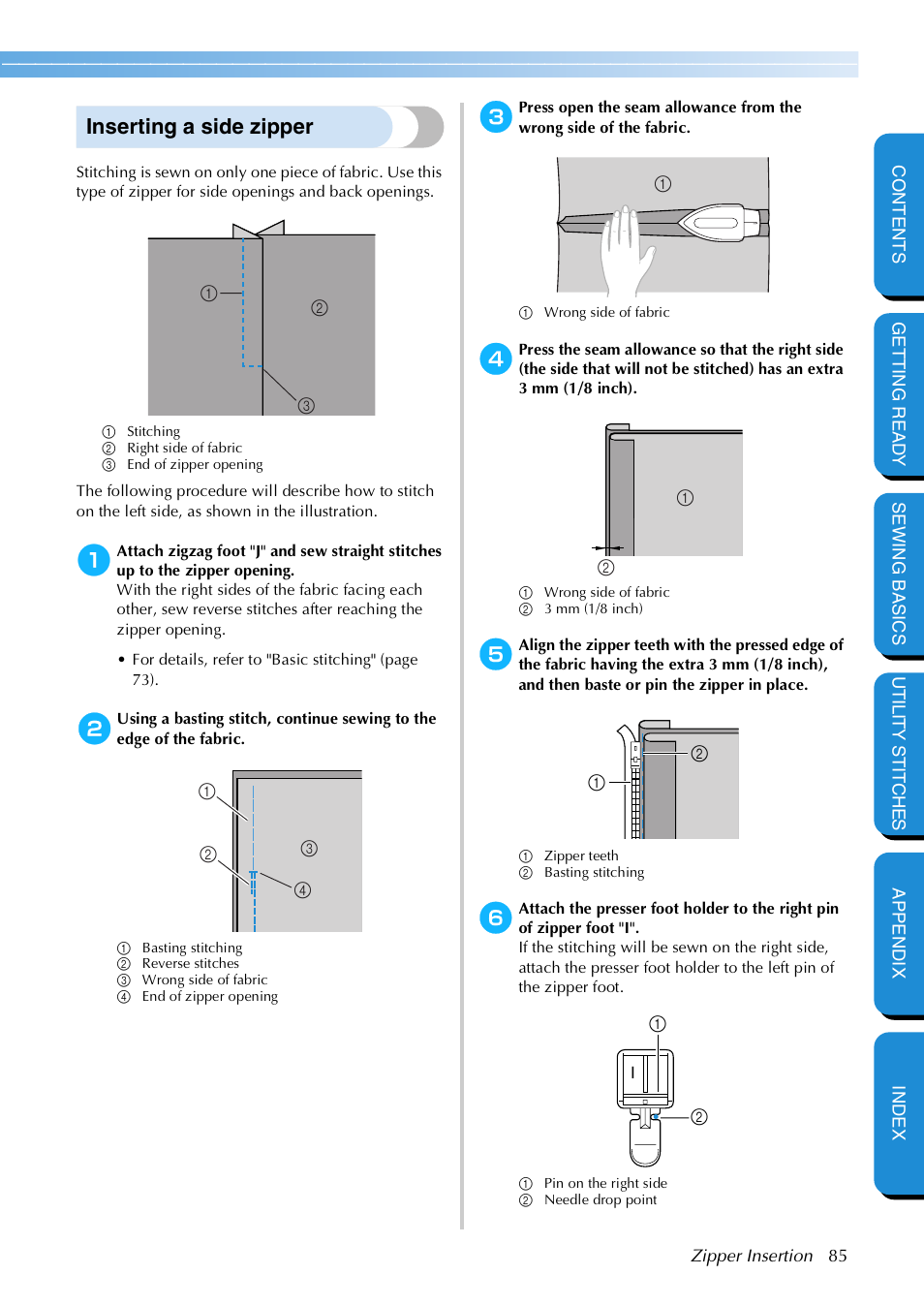 Inserting a side zipper | Brother NX 600 User Manual | Page 91 / 159