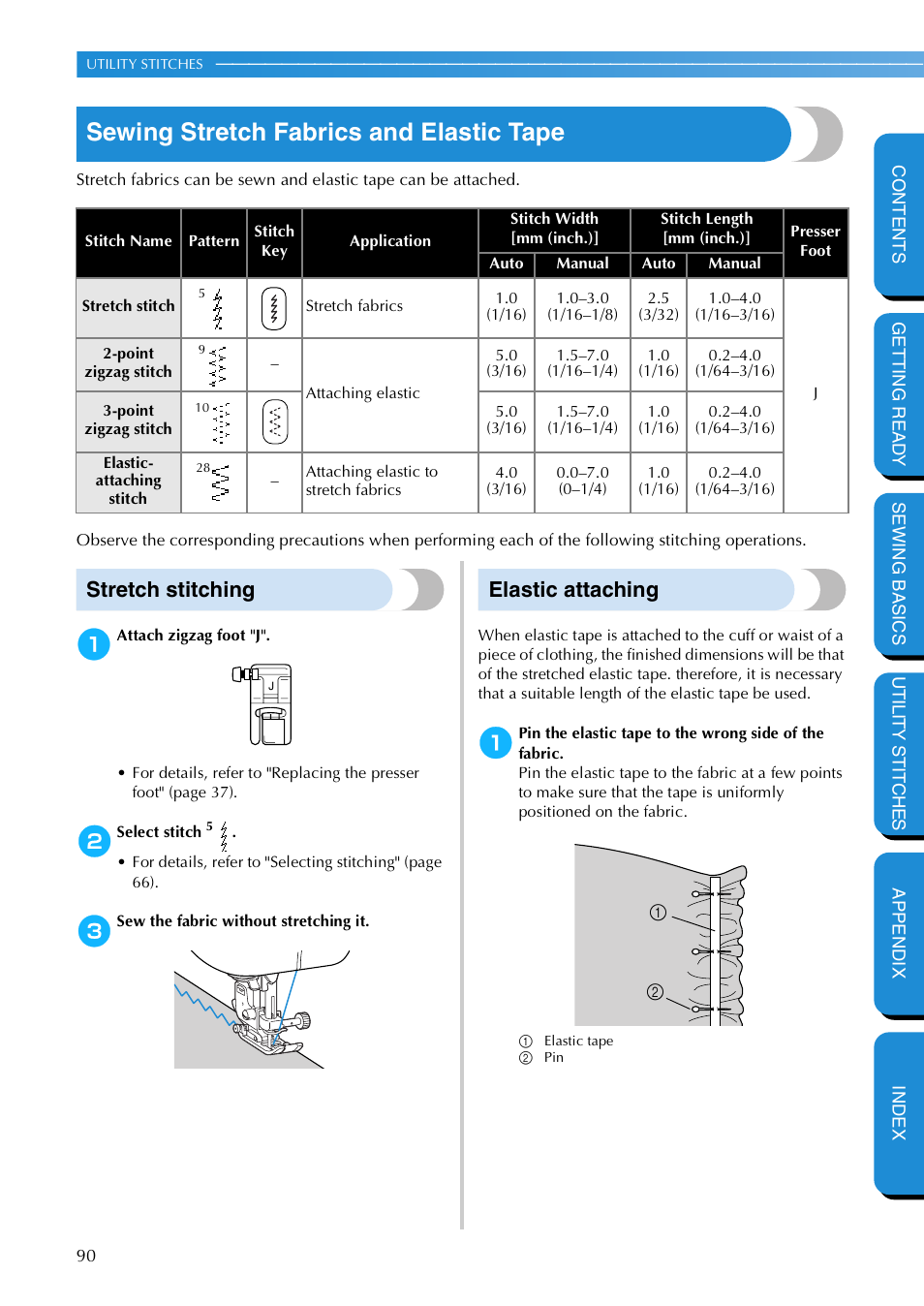 Sewing stretch fabrics and elastic tape, Stretch stitching, Elastic attaching | Stretch stitching elastic attaching | Brother NX 600 User Manual | Page 96 / 159