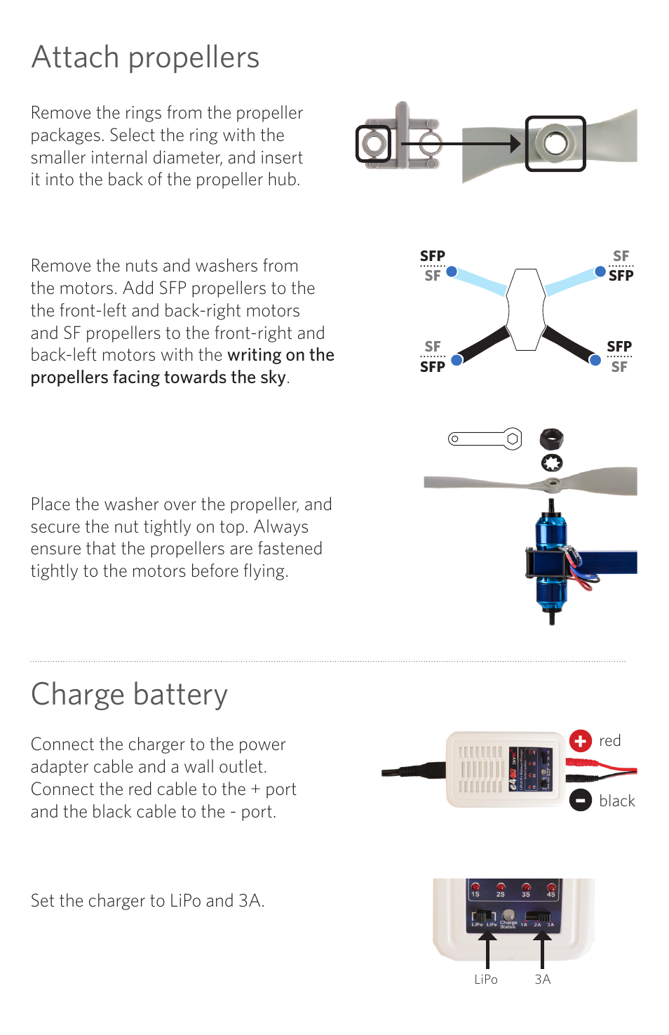 Attach propellers, Charge battery | 3D Robotics RTF X8 User Manual | Page 2 / 8