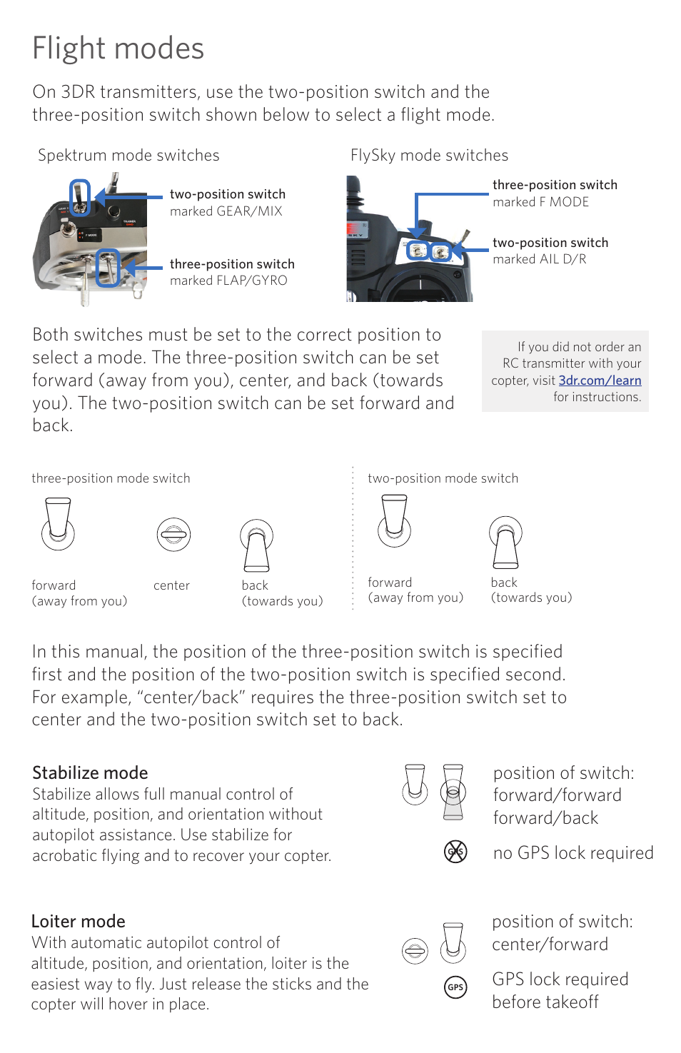 Flight modes, Loiter mode, Spektrum mode switches | Flysky mode switches | 3D Robotics RTF X8 User Manual | Page 4 / 8