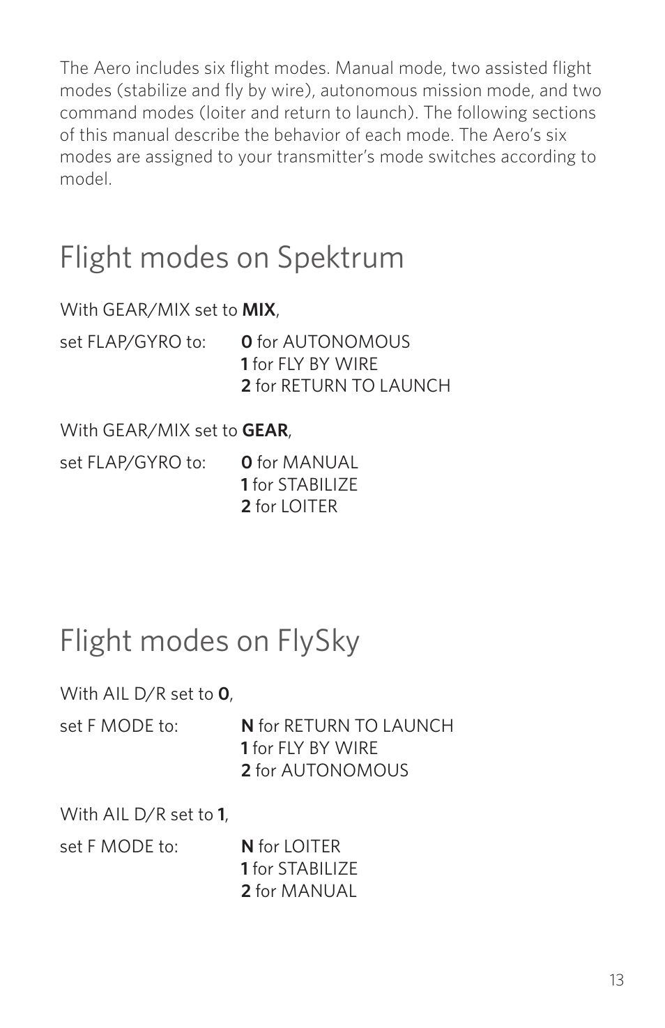 Flight modes on spektrum, Flight modes on flysky | 3D Robotics RTF Aero User Manual | Page 13 / 32