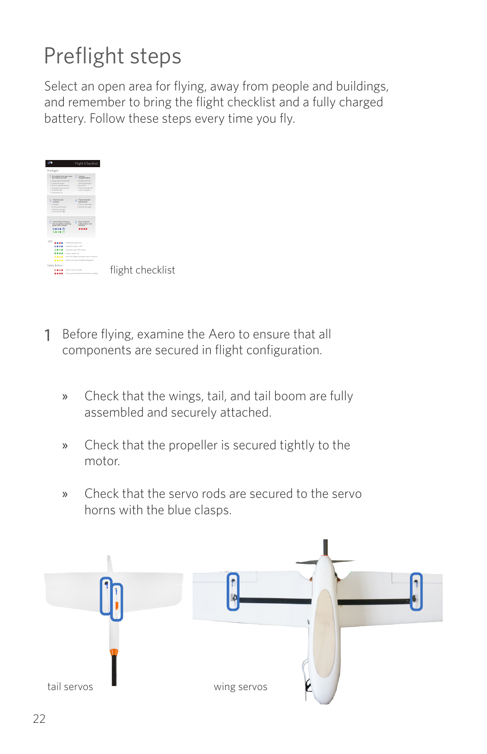 Preflight steps, Tail servos wing servos, Flight checklist | 3D Robotics RTF Aero User Manual | Page 22 / 32