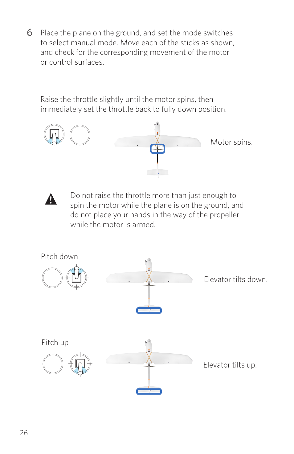 Pitch down elevator tilts down, Pitch up elevator tilts up | 3D Robotics RTF Aero User Manual | Page 26 / 32