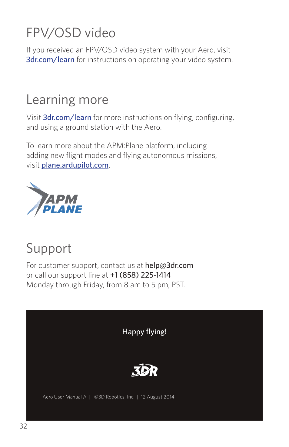 Learning more, Support, Fpv/osd video | 3D Robotics RTF Aero User Manual | Page 32 / 32