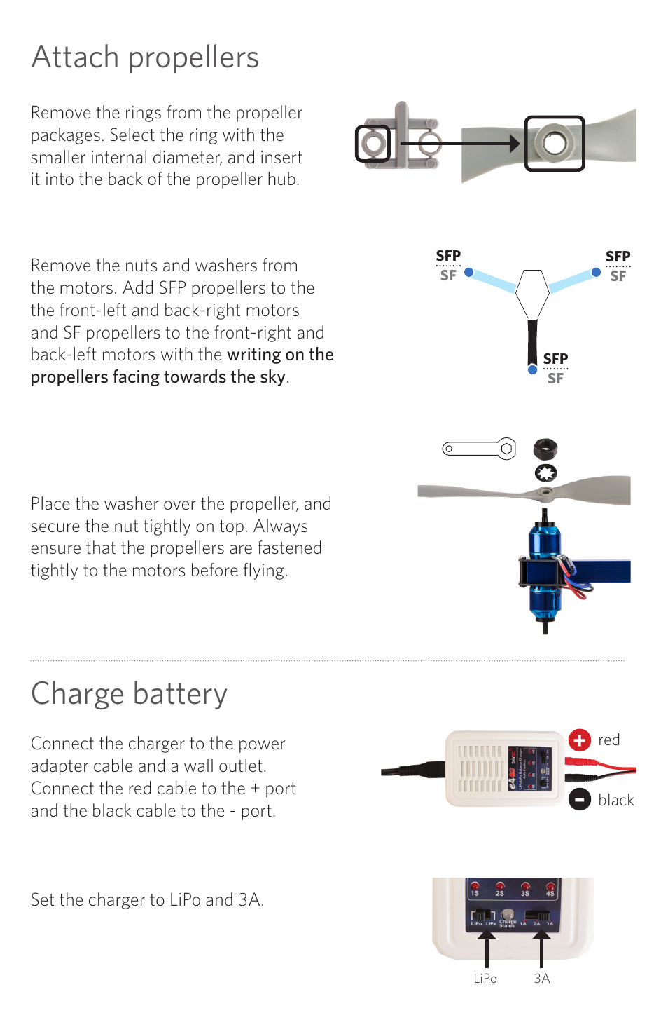 Attach propellers, Charge battery | 3D Robotics RTF Y6 User Manual | Page 2 / 8