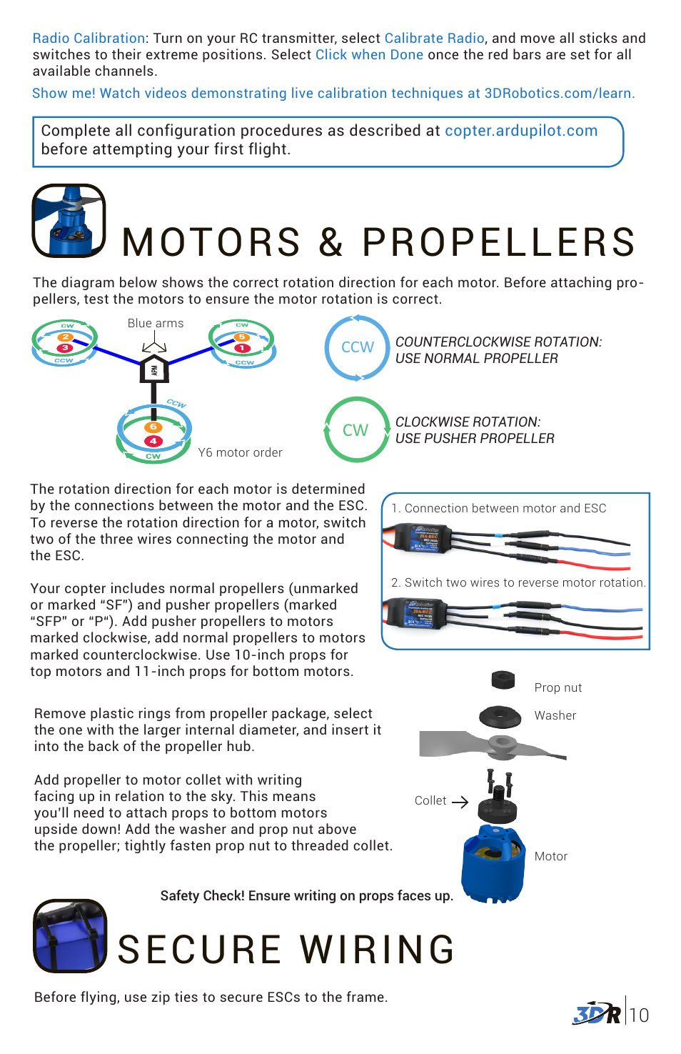 Motors & propellers, Secure wiring | 3D Robotics 3DR Y6 DIY Kit User Manual | Page 11 / 12