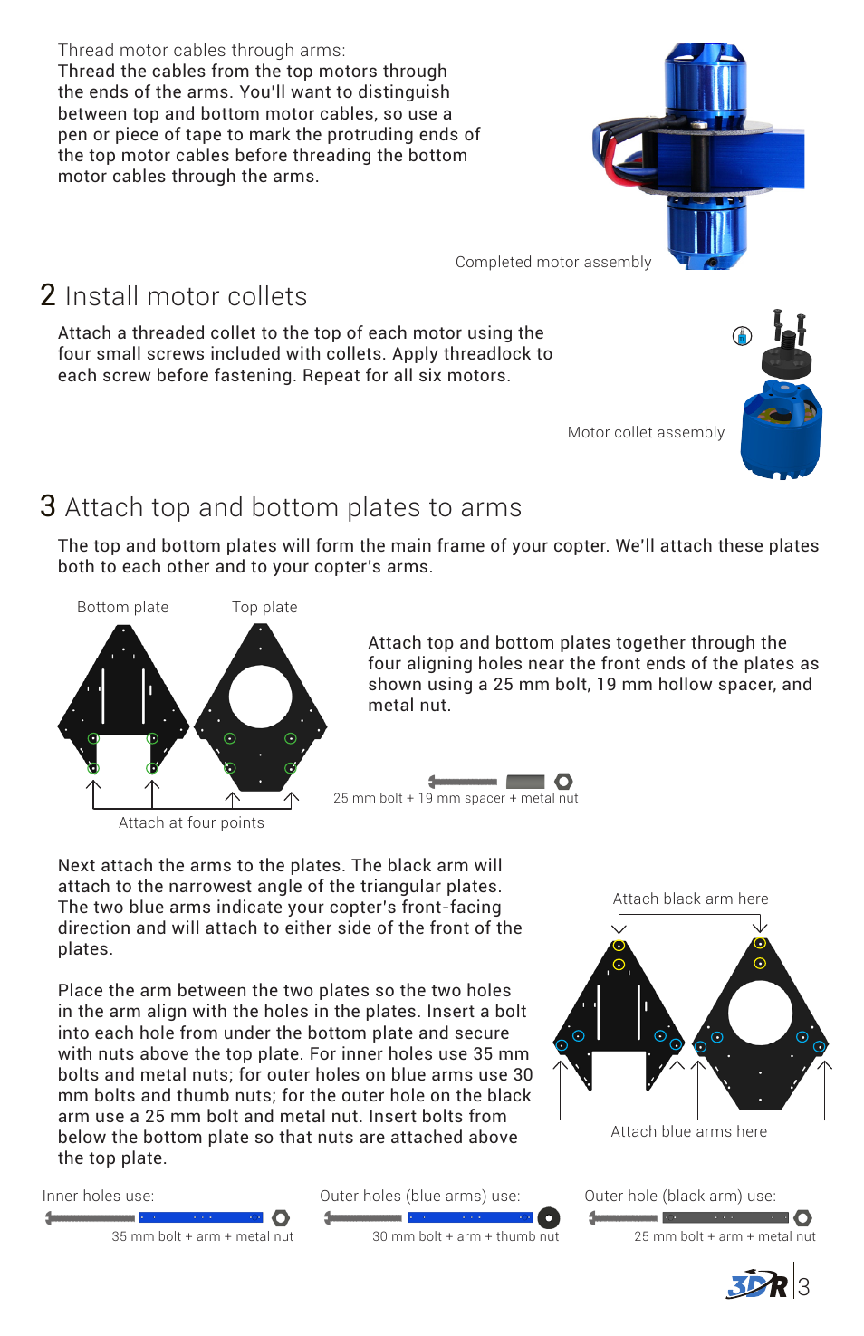 Attach top and bottom plates to arms, Install motor collets | 3D Robotics 3DR Y6 DIY Kit User Manual | Page 4 / 12