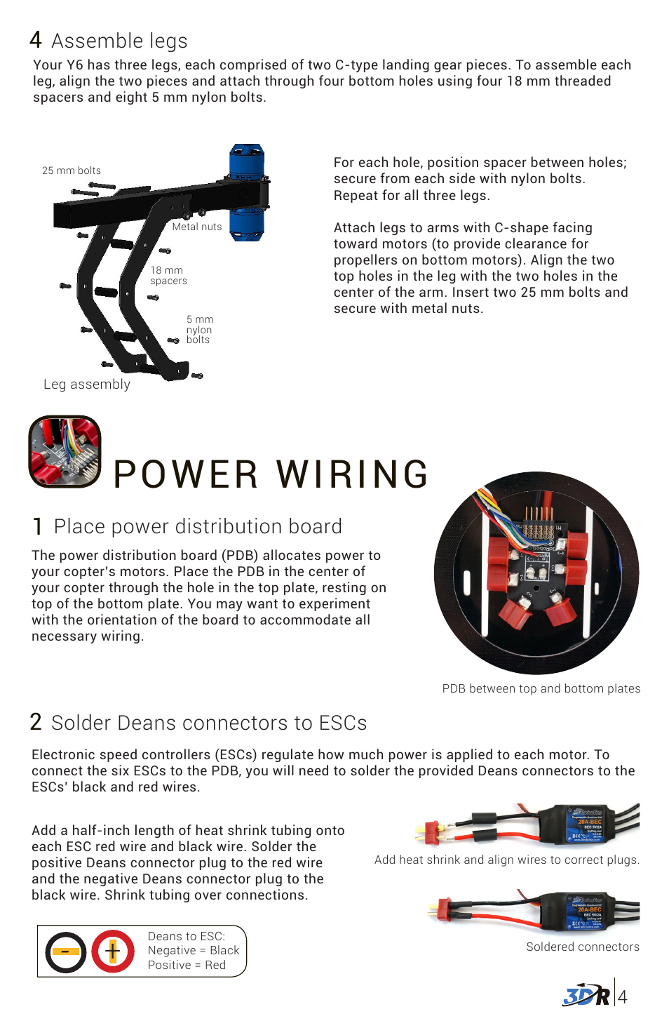 Power wiring, Place power distribution board, Solder deans connectors to escs | Assemble legs | 3D Robotics 3DR Y6 DIY Kit User Manual | Page 5 / 12