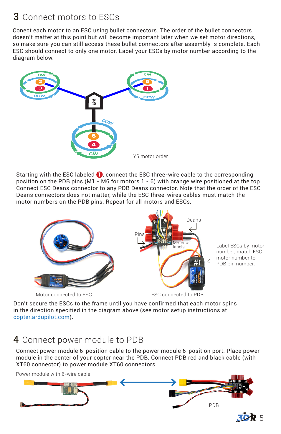 Connect motors to escs, Connect power module to pdb | 3D Robotics 3DR Y6 DIY Kit User Manual | Page 6 / 12