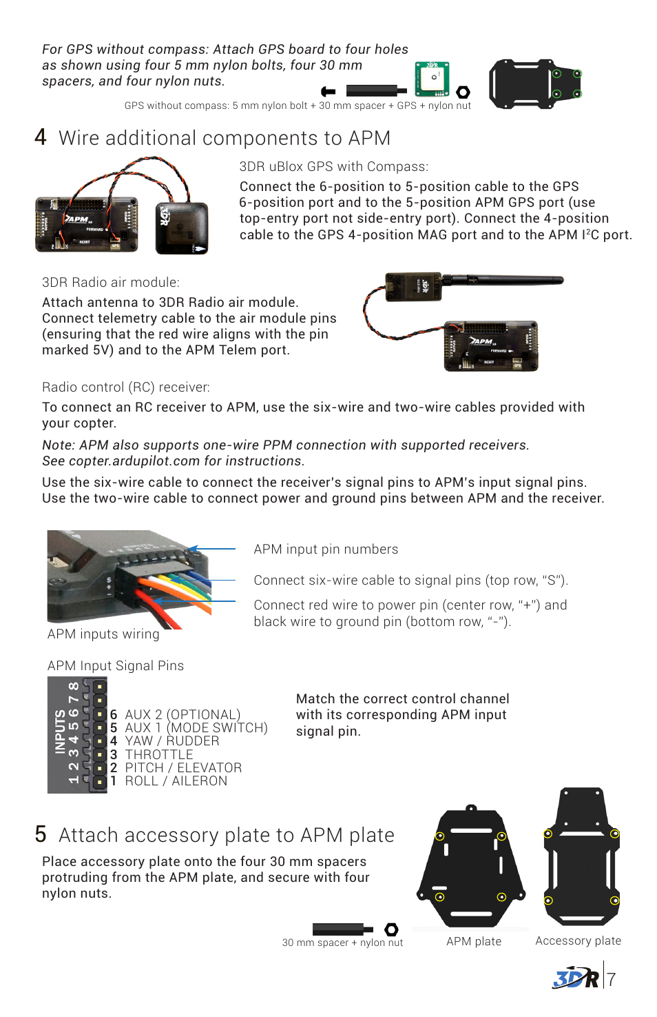 Wire additional components to apm, Attach accessory plate to apm plate | 3D Robotics 3DR Y6 DIY Kit User Manual | Page 8 / 12