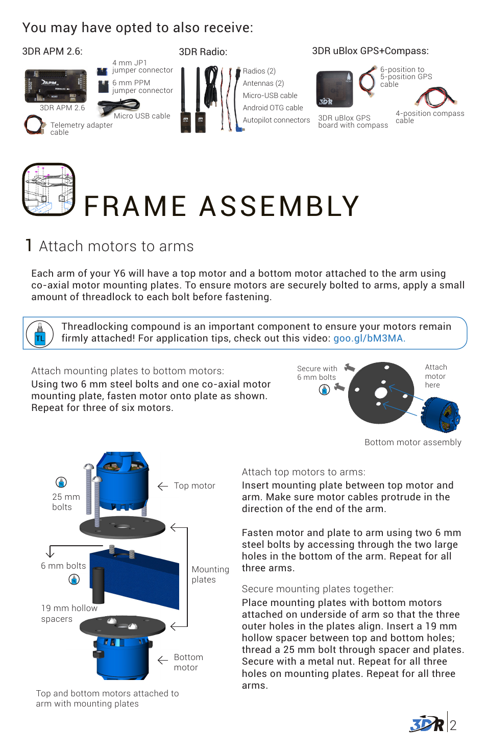 Frame assembly, Attach motors to arms, 2you may have opted to also receive | 3D Robotics 3DR Y6 DIY Frame Kit User Manual | Page 3 / 12
