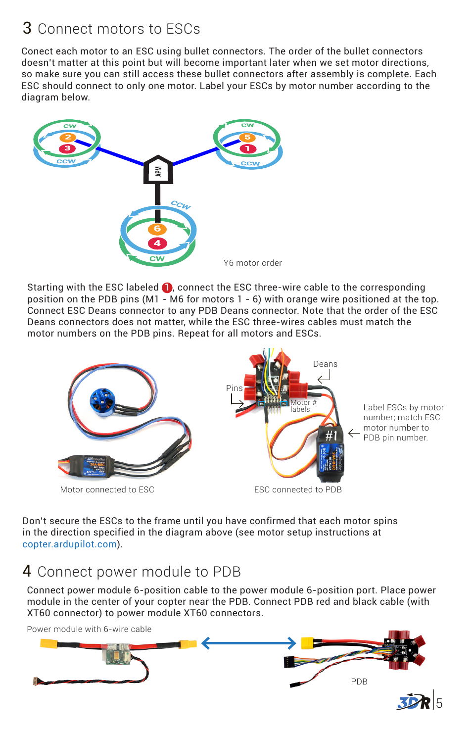Connect motors to escs, Connect power module to pdb | 3D Robotics 3DR Y6 DIY Frame Kit User Manual | Page 6 / 12