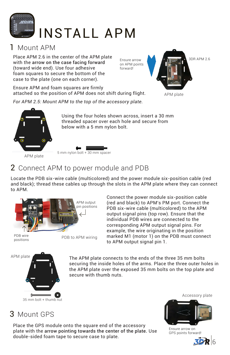Install apm, Mount gps, Mount apm | Connect apm to power module and pdb | 3D Robotics 3DR Y6 DIY Frame Kit User Manual | Page 7 / 12