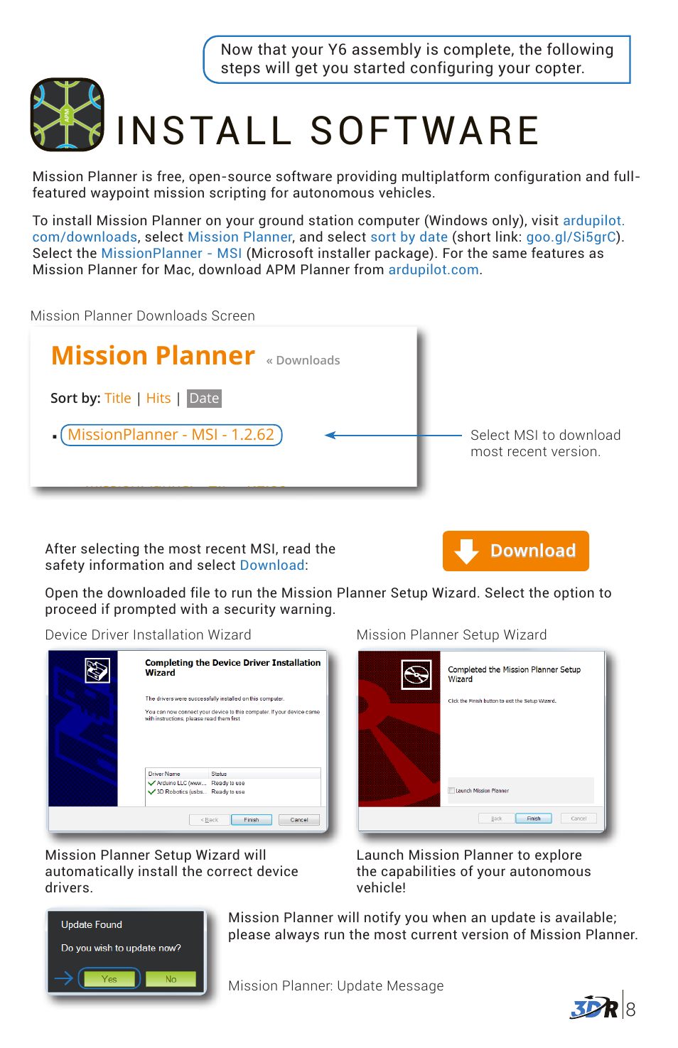 Install software, Mission planner, Download | 3D Robotics 3DR Y6 DIY Frame Kit User Manual | Page 9 / 12