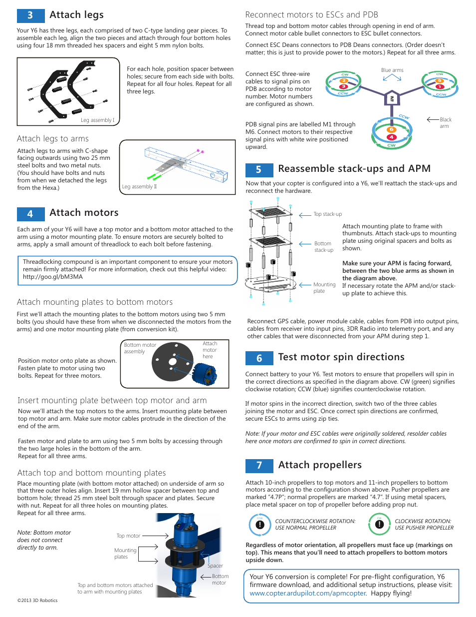 4attach motors, 7attach propellers, 5reassemble stack-ups and apm | 6test motor spin directions, 3attach legs, Attach mounting plates to bottom motors, Attach legs to arms, Insert mounting plate between top motor and arm, Attach top and bottom mounting plates, Reconnect motors to escs and pdb | 3D Robotics 3DR Hexa-to-Y6 Conversion Kit User Manual | Page 2 / 2