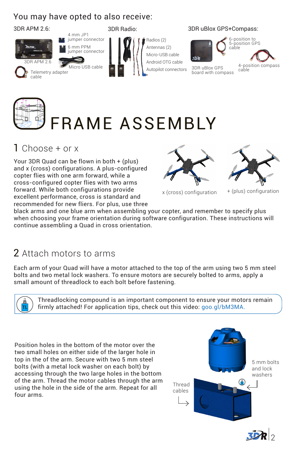 Frame assembly, Attach motors to arms, Choose + or x | You may have opted to also receive | 3D Robotics DIY Quad Kit User Manual | Page 3 / 12