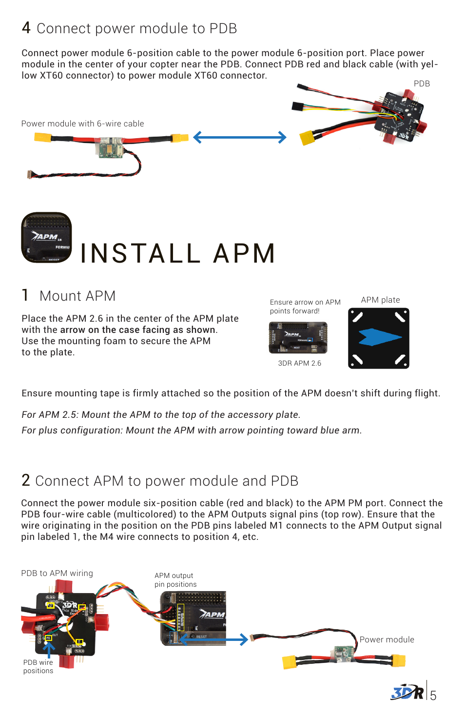Install apm, Connect power module to pdb, Mount apm | Connect apm to power module and pdb | 3D Robotics DIY Quad Kit User Manual | Page 6 / 12