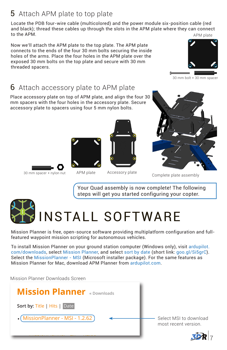 Install software, Mission planner, Attach accessory plate to apm plate | Attach apm plate to top plate | 3D Robotics DIY Quad Kit User Manual | Page 8 / 12