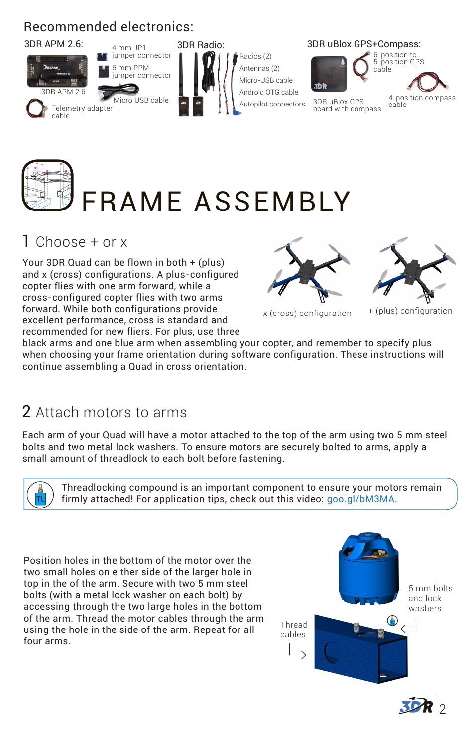 Frame assembly, Attach motors to arms, Choose + or x | Recommended electronics | 3D Robotics DIY Quad Frame Kit User Manual | Page 3 / 12
