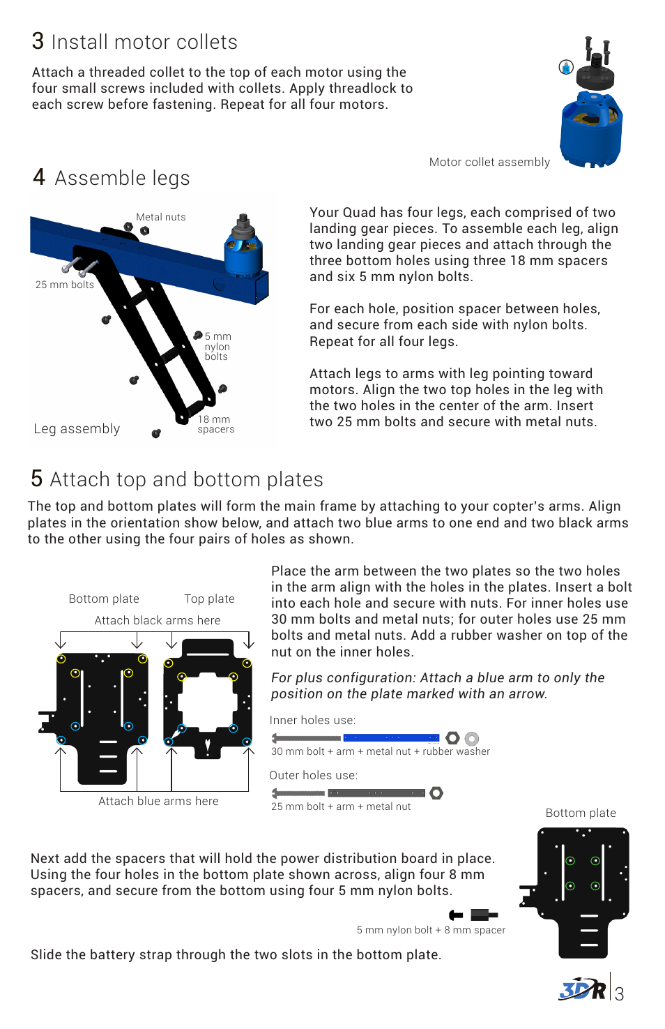 Attach top and bottom plates, Assemble legs, Install motor collets | 3D Robotics DIY Quad Frame Kit User Manual | Page 4 / 12