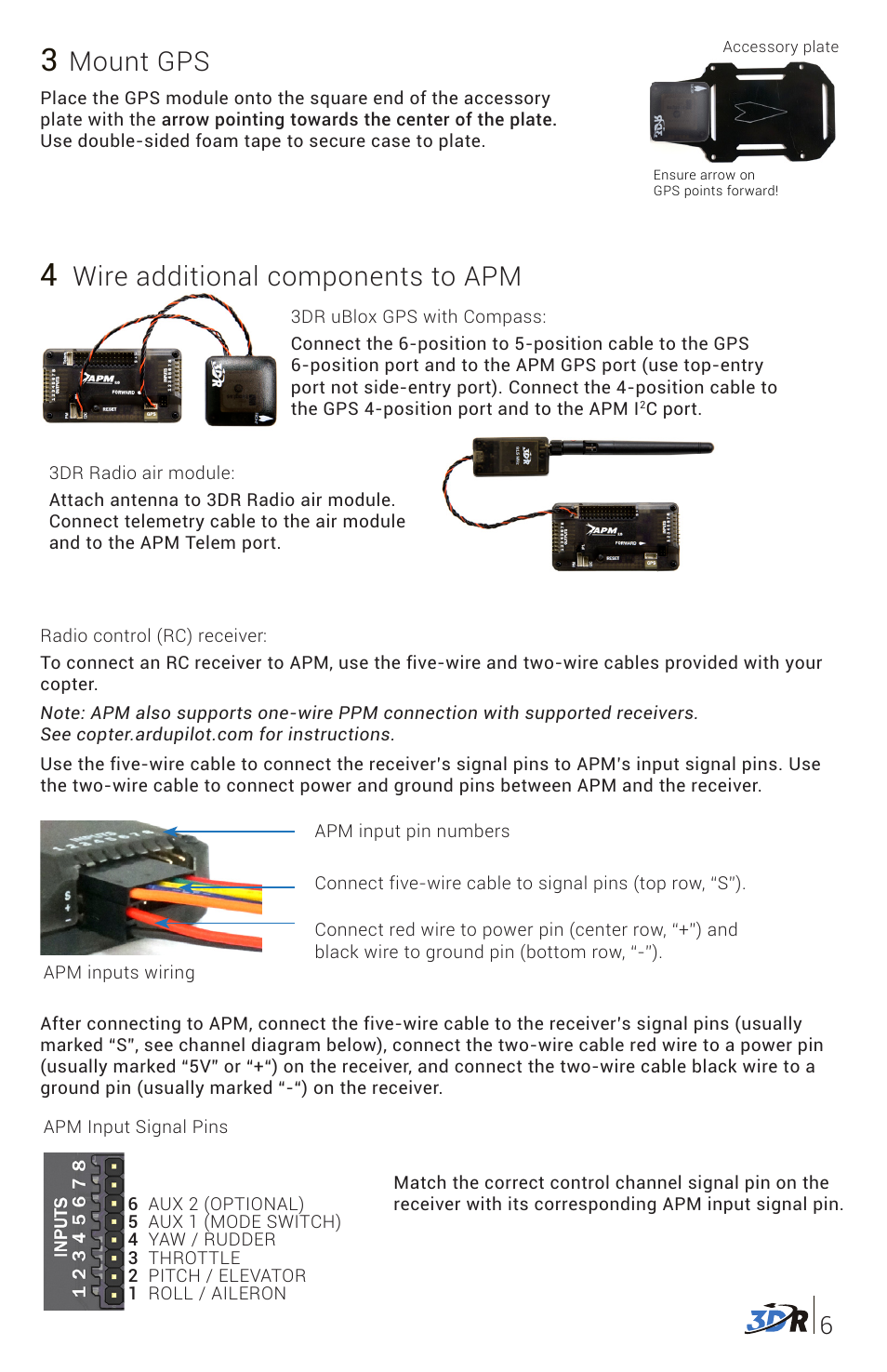 Mount gps, Wire additional components to apm | 3D Robotics DIY Quad Frame Kit User Manual | Page 7 / 12