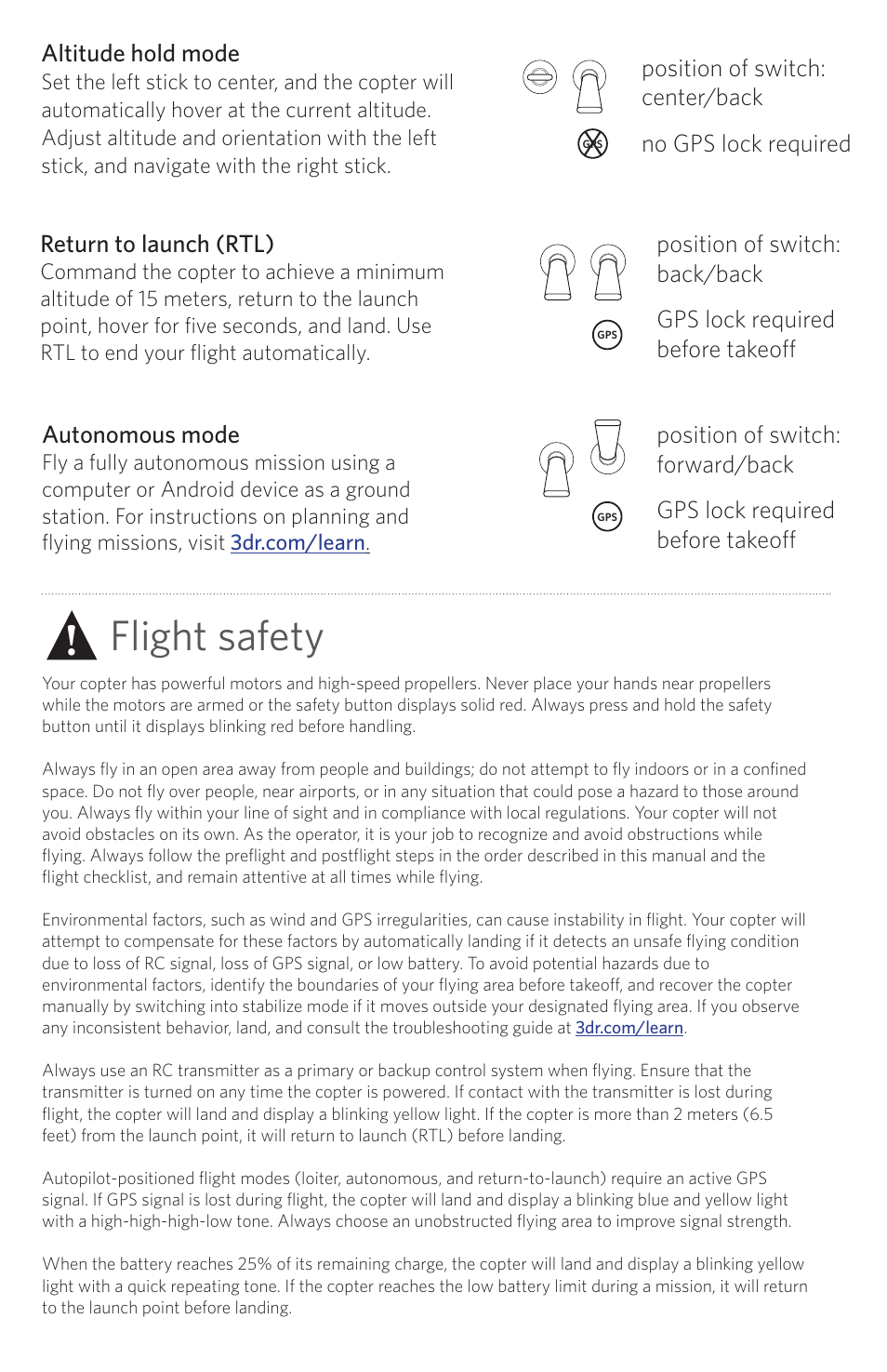 Flight safety, Autonomous mode, Return to launch (rtl) | 3D Robotics Quad Ready-to-Fly 2014 User Manual | Page 5 / 8