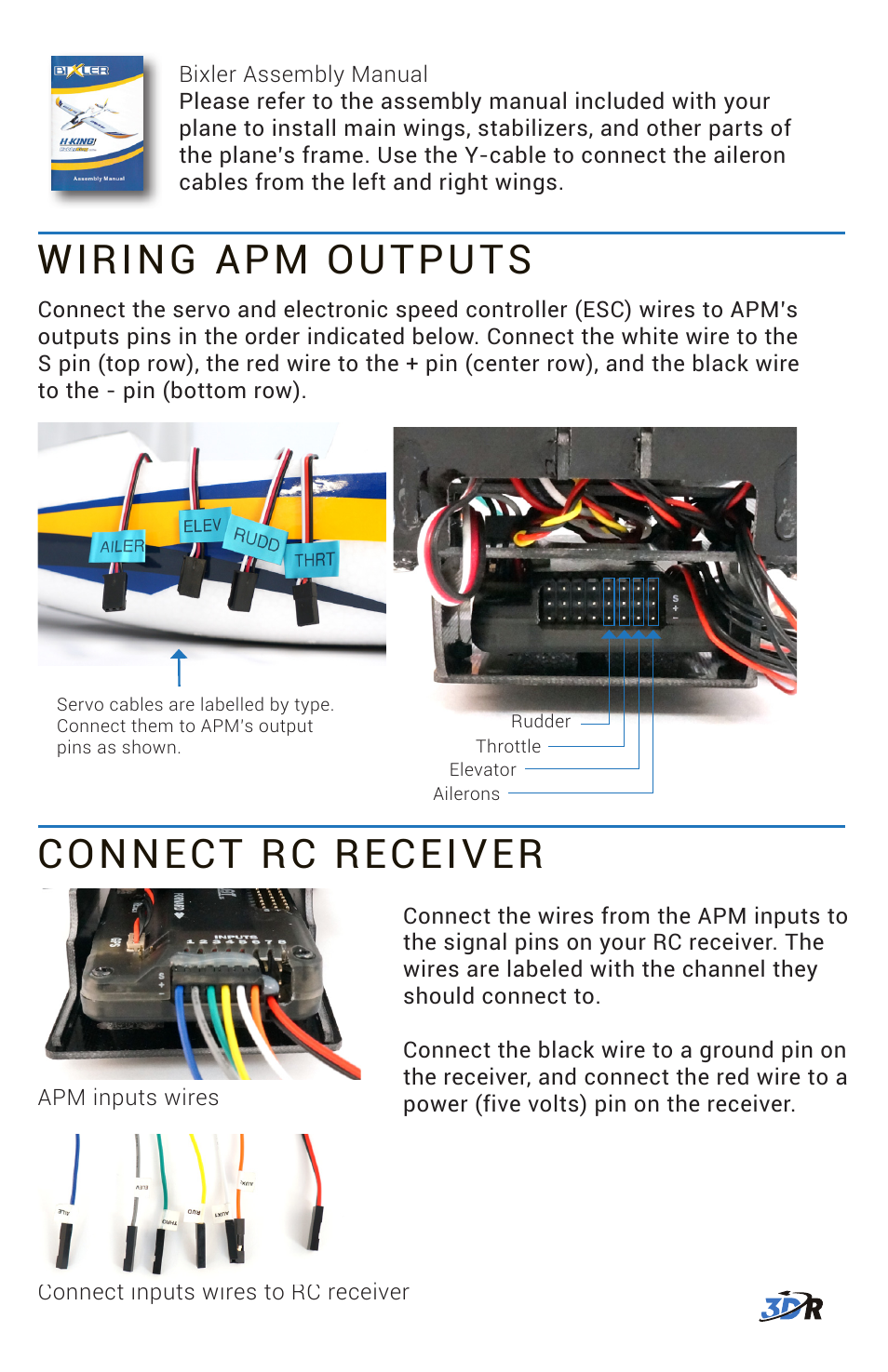 Wiring apm outputs, Connect rc receiver | 3D Robotics 3DR Plane User Manual | Page 3 / 7