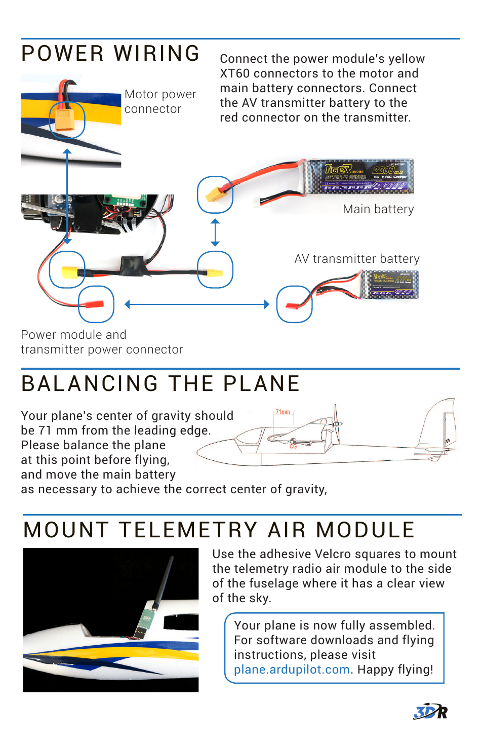 Power wiring, Balancing the plane, Mount telemetry air module | 3D Robotics 3DR Plane User Manual | Page 4 / 7