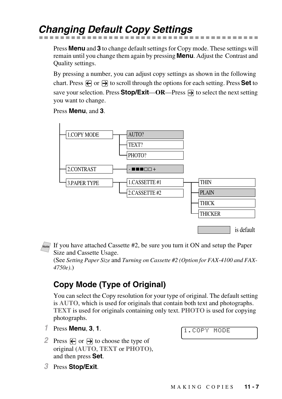 Changing default copy settings, Copy mode (type of original), Changing default copy settings -7 | Copy mode (type of original) -7 | Brother IntelliFAX 4100e User Manual | Page 101 / 156