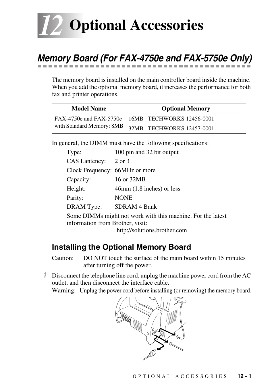 12 optional accessories, Memory board (for fax-4750e and fax-5750e only), Installing the optional memory board | Optional accessories -1, Memory board (for fax-4750e and fax-5750e only) -1, Installing the optional memory board -1, Optional accessories | Brother IntelliFAX 4100e User Manual | Page 103 / 156