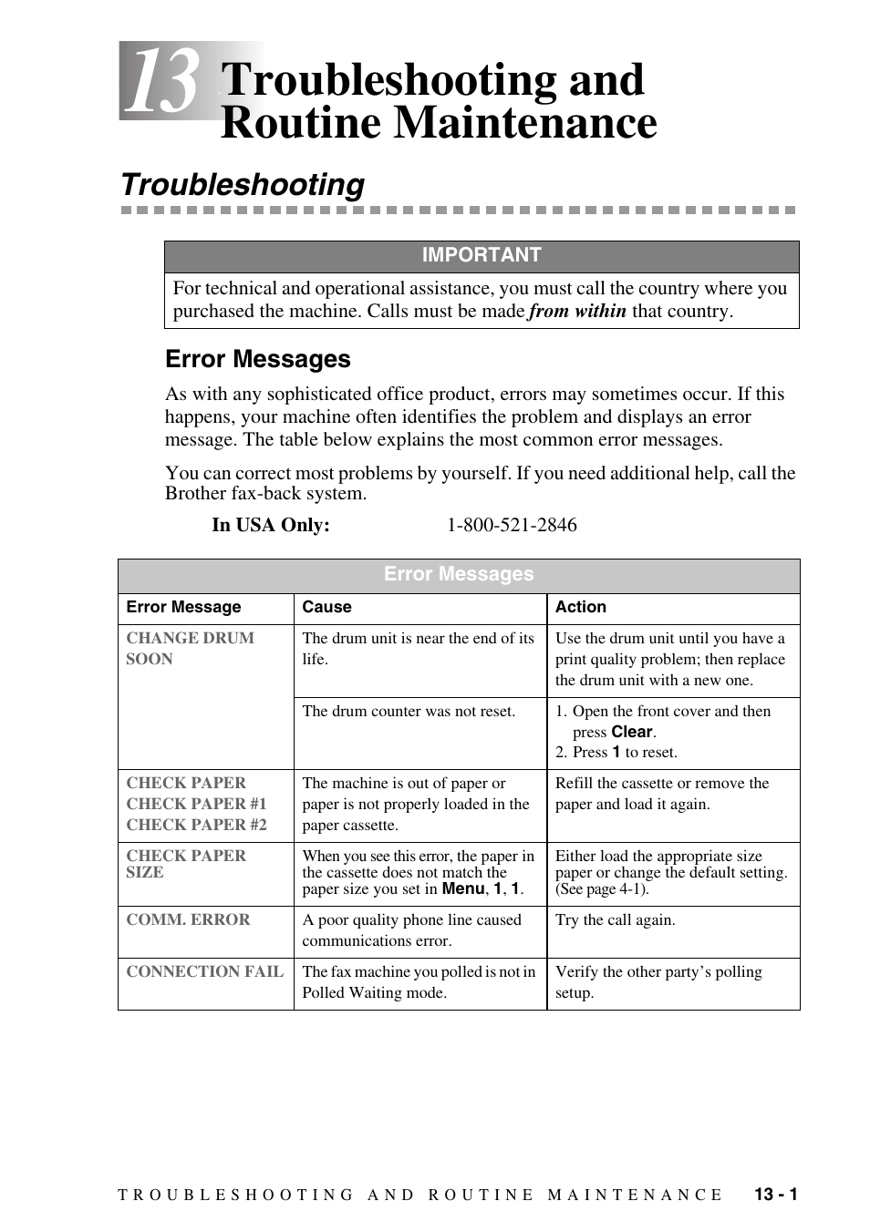 13 troubleshooting and routine maintenance, Troubleshooting, Error messages | Troubleshooting and routine maintenance -1, Troubleshooting -1, Error messages -1, Troubleshooting and routine maintenance | Brother IntelliFAX 4100e User Manual | Page 107 / 156