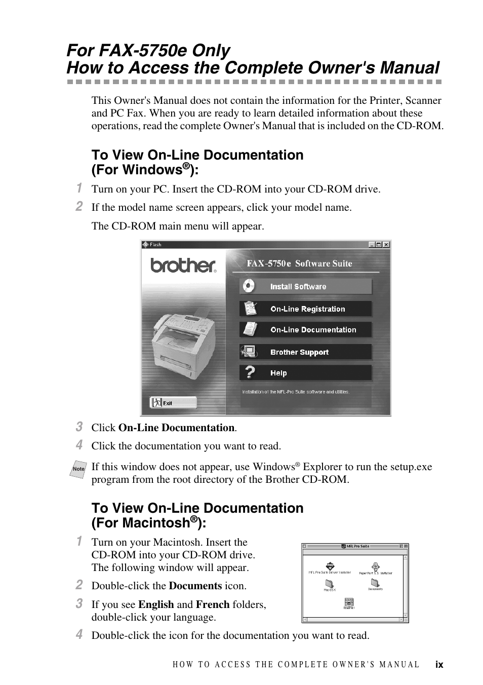 To view on-line documentation (for windows®), To view on-line documentation (for macintosh®) | Brother IntelliFAX 4100e User Manual | Page 11 / 156