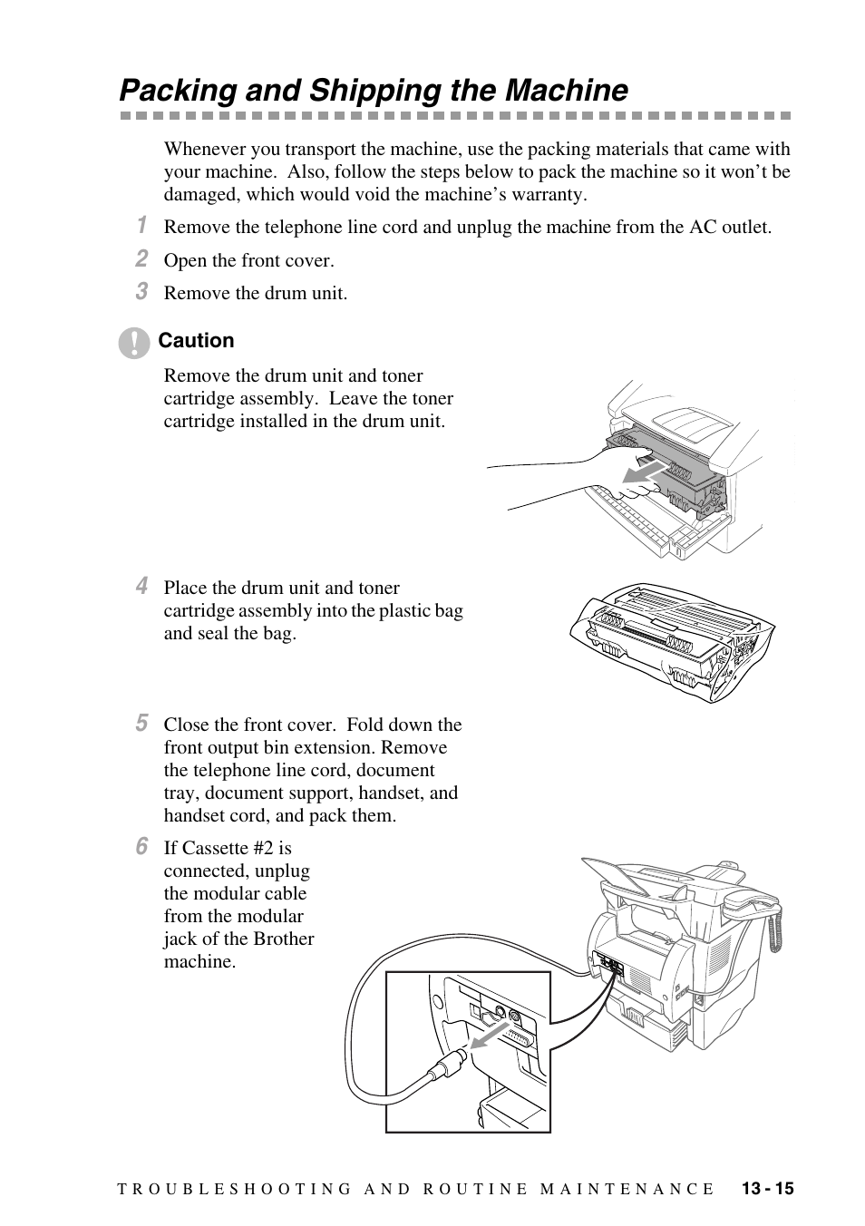 Packing and shipping the machine, Packing and shipping the machine -15 | Brother IntelliFAX 4100e User Manual | Page 121 / 156