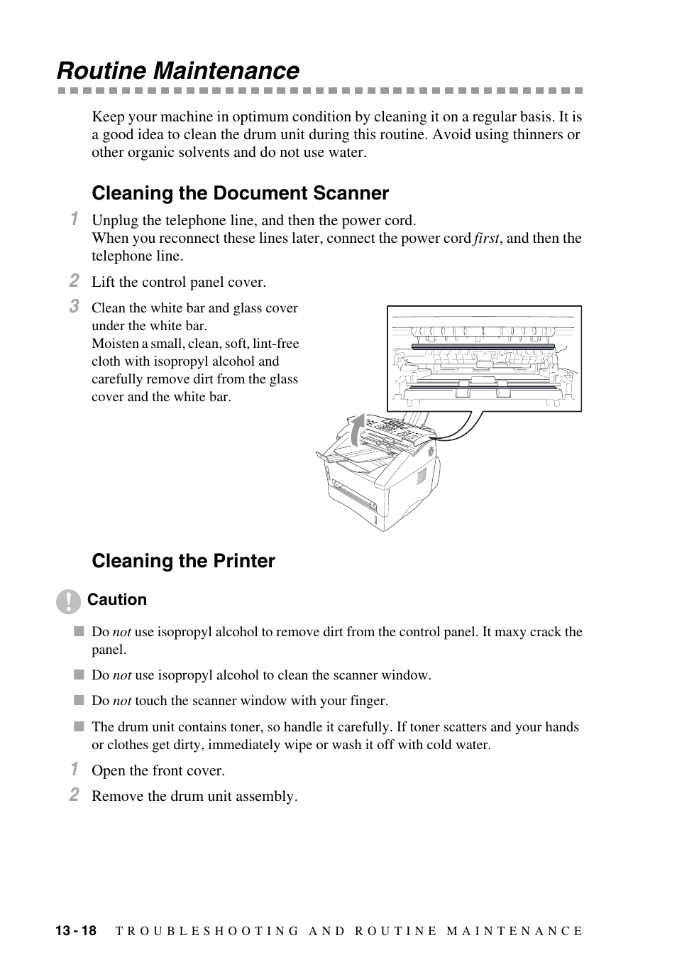 Routine maintenance, Cleaning the document scanner, Cleaning the printer | Routine maintenance -18, With a clean soft cloth. (see, Cleaning the document, Scanner, Corona wire of the toner cartridge. (see, Routine, Maintenance | Brother IntelliFAX 4100e User Manual | Page 124 / 156